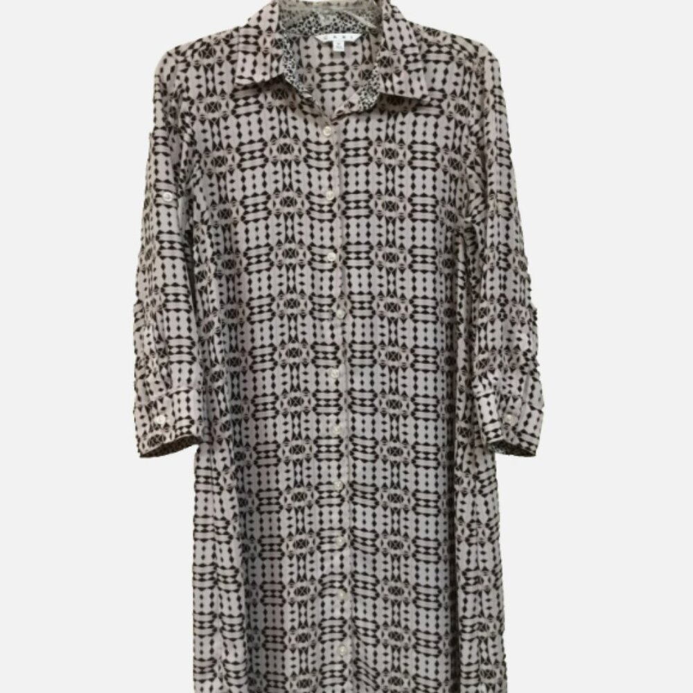 CAbi Women Siz M Shift Dress Button Front Taupe Black 3/4  Roll Sleeves 37" long